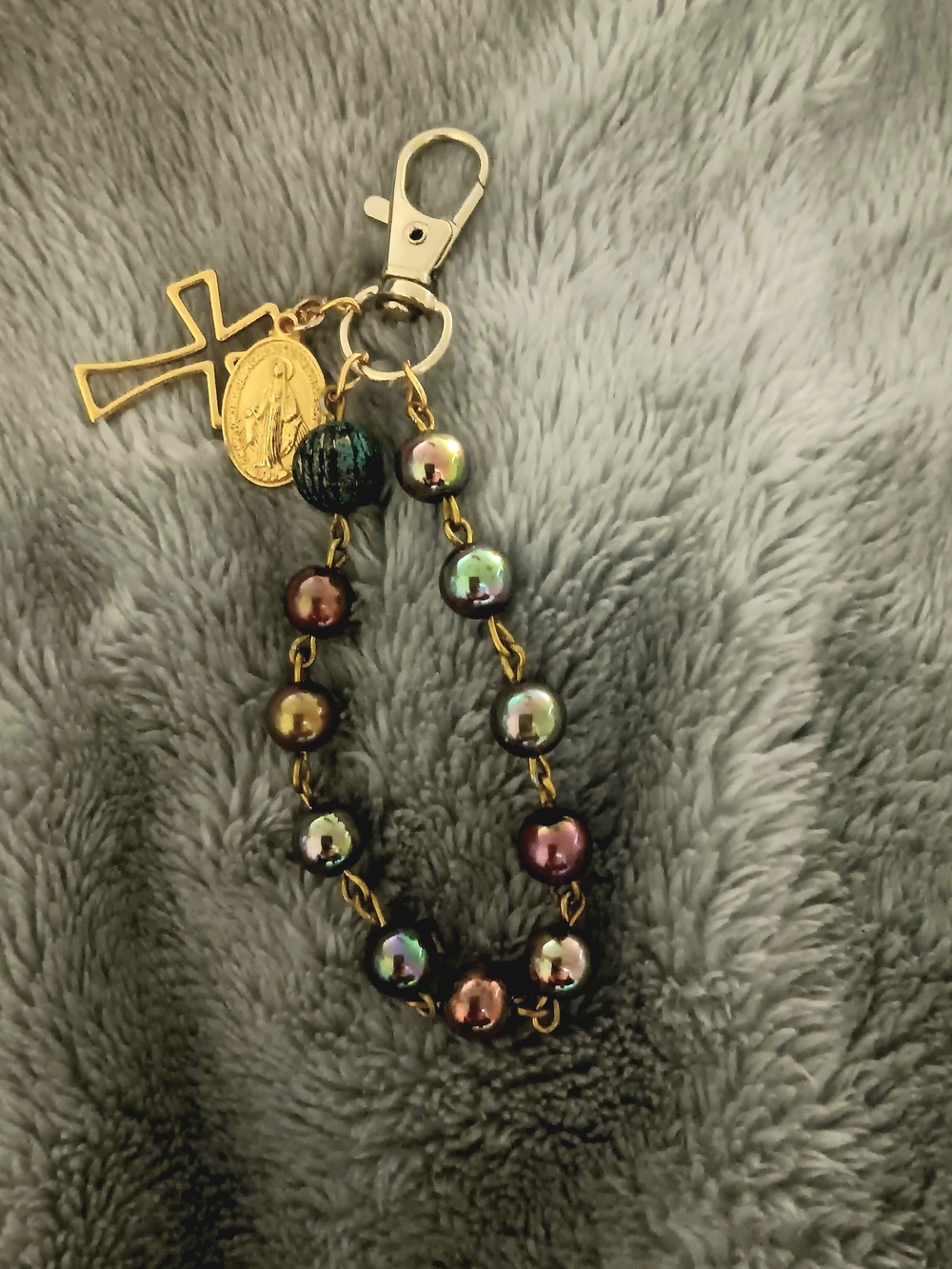 Multicolor Iridescent Bead Keychain Rosary with Gold Cross Charm